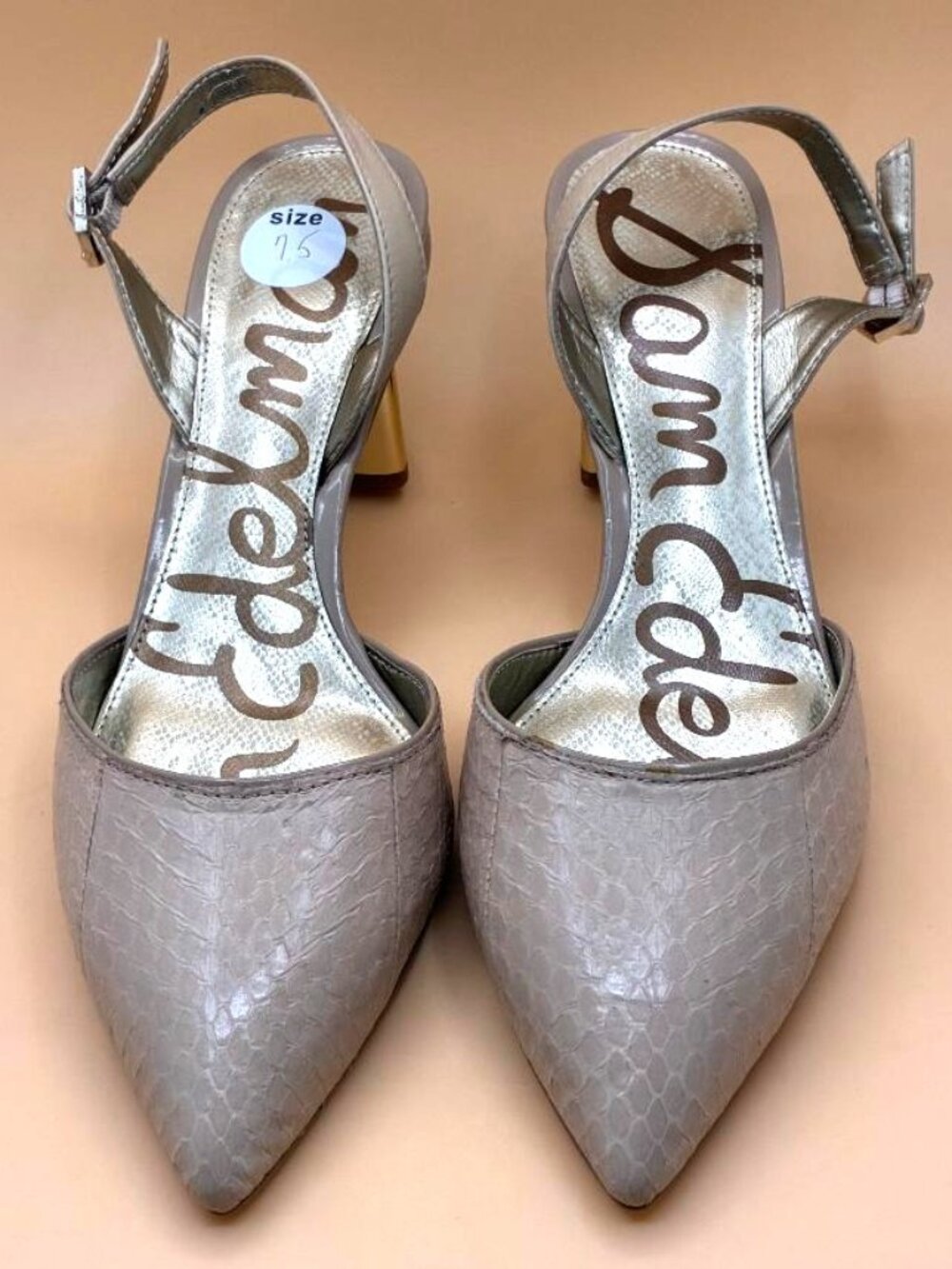 Sam Edelman CAROL Women's SZ 7.5M EU 38 Nude Leather Slingback GOLD Block Heel